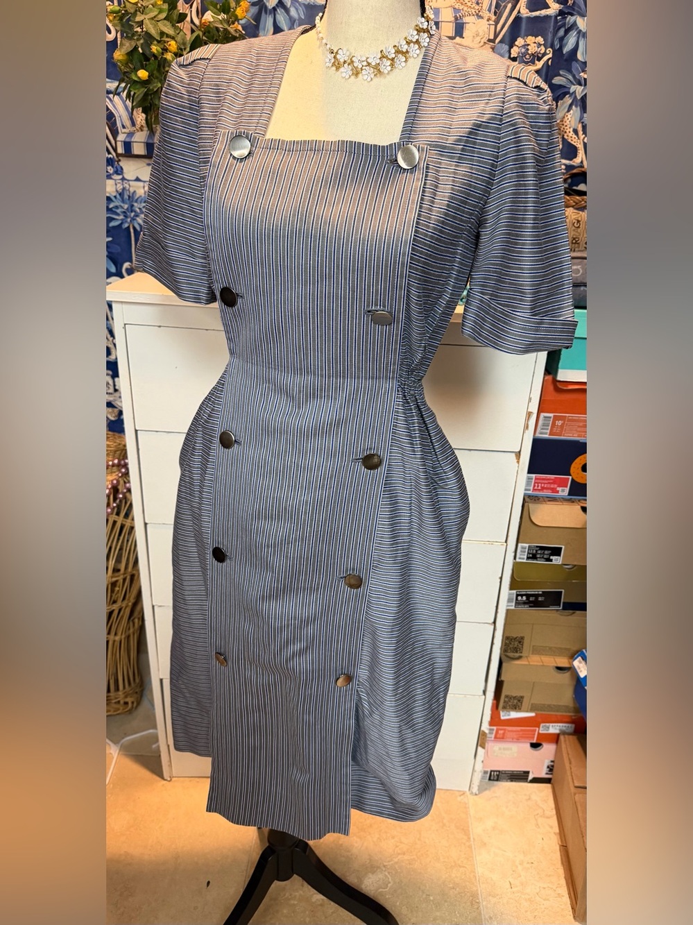 Christian Dior 1980’s Cotton Pinstripe Dress Size 9 - Picture 3 of 17